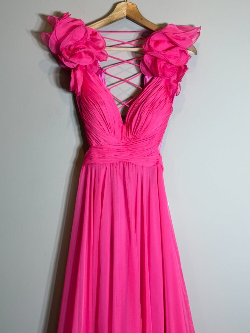 Mac Duggal Ruffle Tiered Cut-Out Chiffon Gown Womens 4 Hot Pink Formal 67911 NWT - Picture 7 of 16